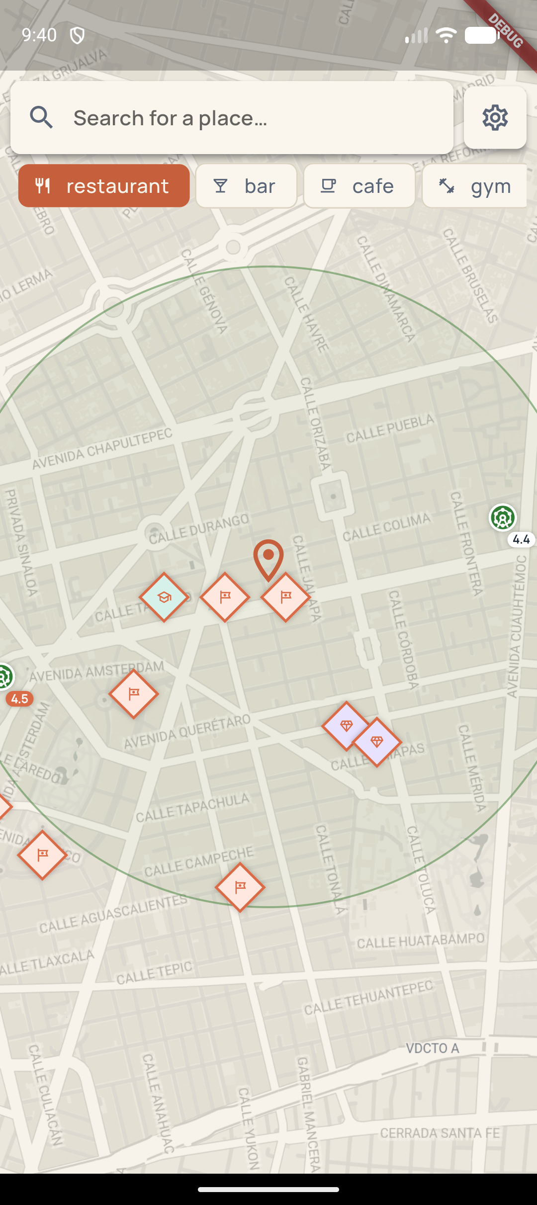 Map view in Roma Norte, Mexico City — diamond-shaped activity markers (tours, classes, tickets) sit inside the walkable ring next to rated POI markers.