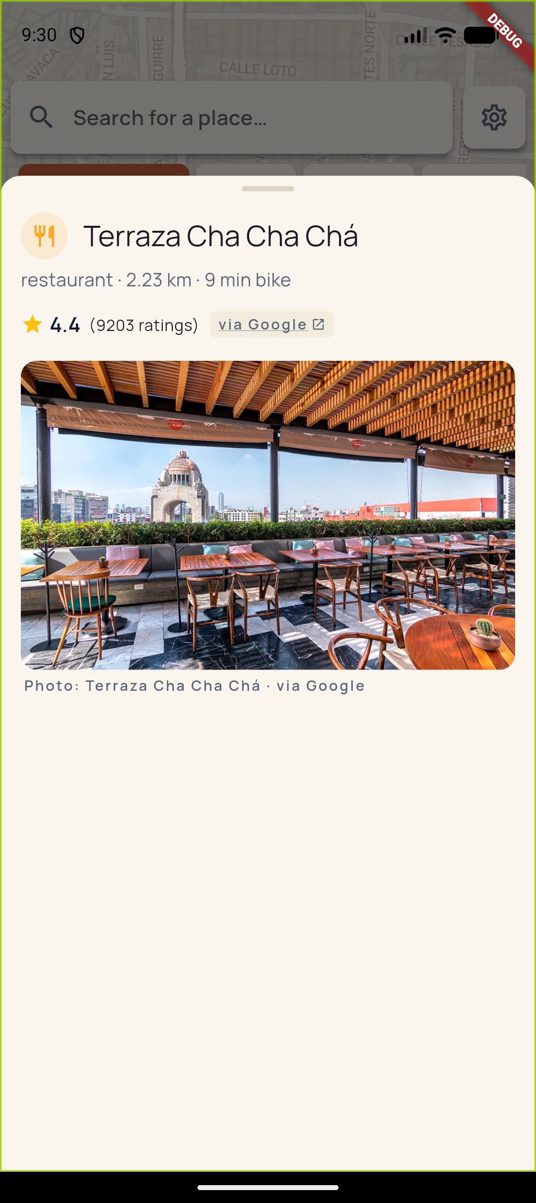 Radius Travel app showing a place detail: name, rating from Google, and a photo of the rooftop terrace.