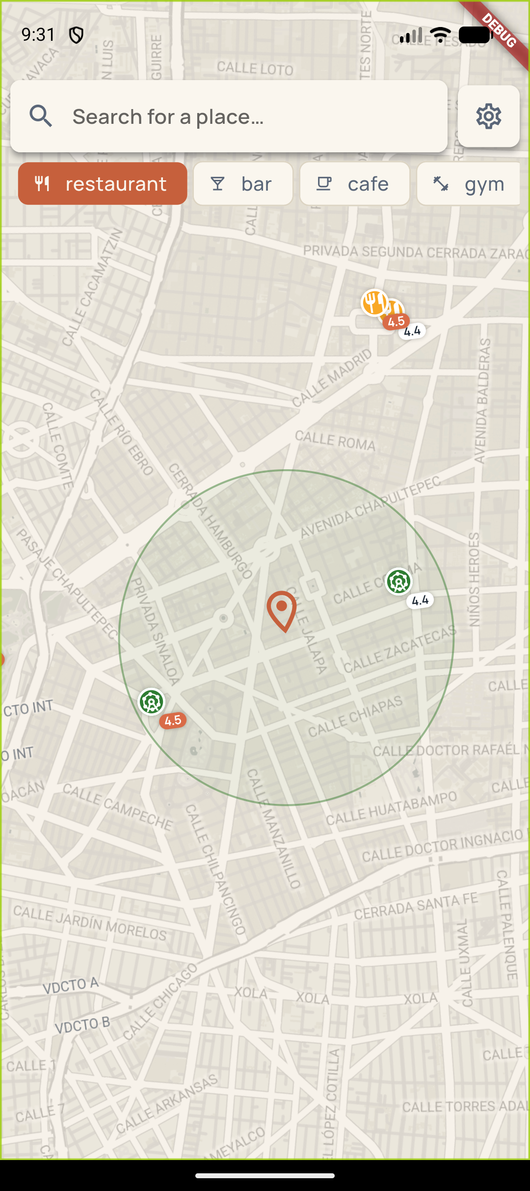 Map view with the walkable ring around the pin, restaurant markers with star-rating chips.