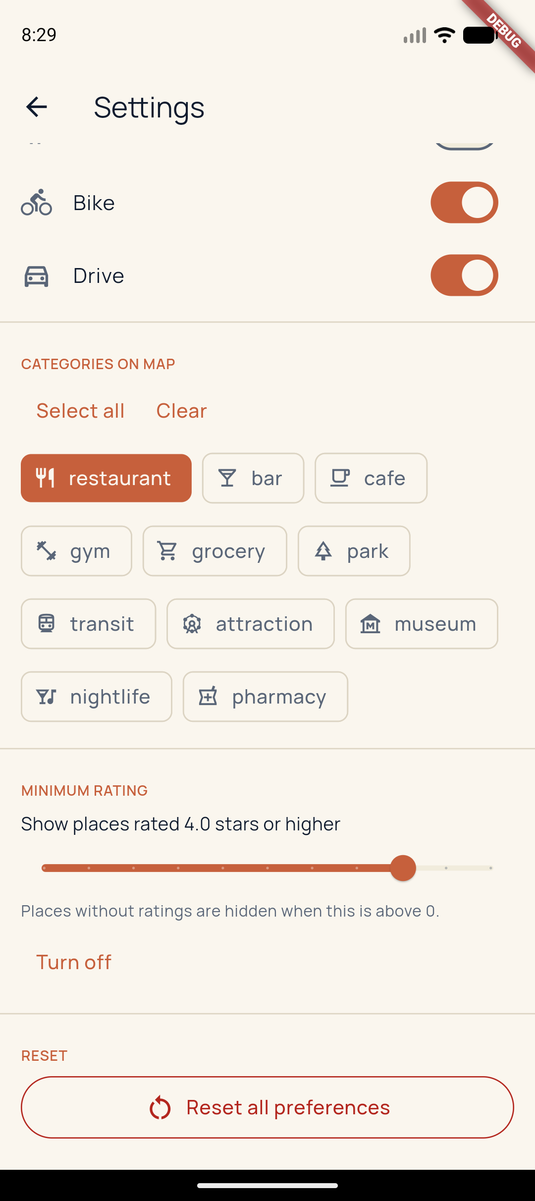 Settings screen with the minimum-rating slider set to 4.0 stars and the categories filter.